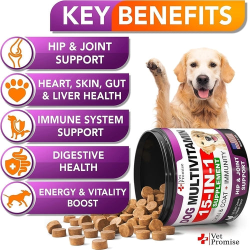 Dog multivitamin supplement with key benefits listed and a smiling dog.