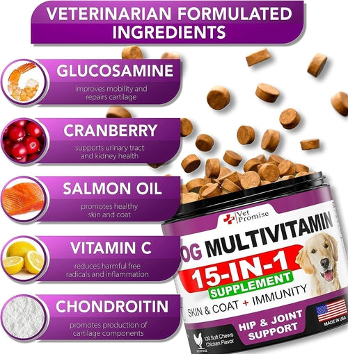 Dog multivitamin supplement with ingredients listed on a white background