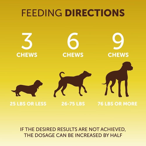 Feeding direction chart for dogs with silhouette illustrations and text on a yellow background