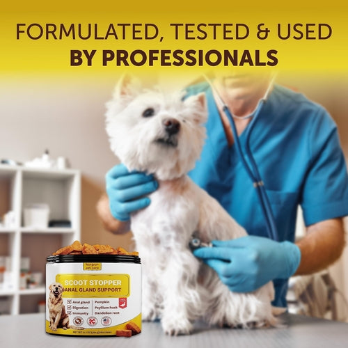 Dog being examined by a veterinarian with a product labeled 'Yuckit Stopper' on a yellow background.