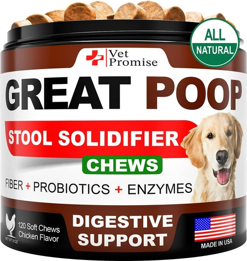 Container of Vet Promise Great Poop Stool Solidifier Chews with a dog on the label.