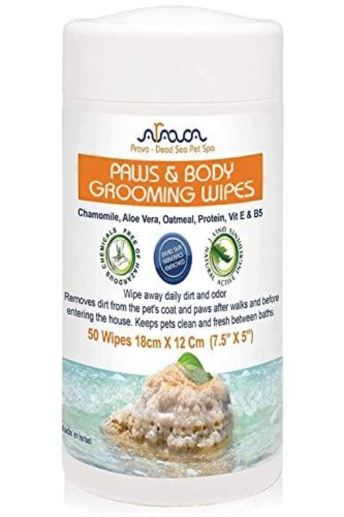 Container of paws and body grooming wipes with branding and product details on a white background