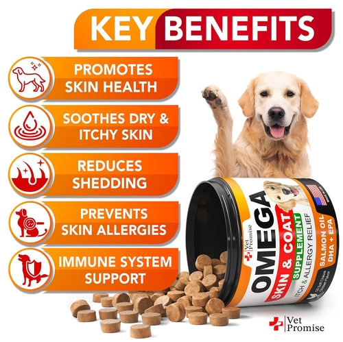 Dog supplement product with key benefits listed and a smiling dog in the background.
