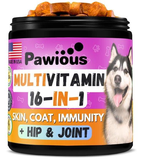 Multivitamin supplement for dogs with a colorful label featuring a dog and various text on a white background.