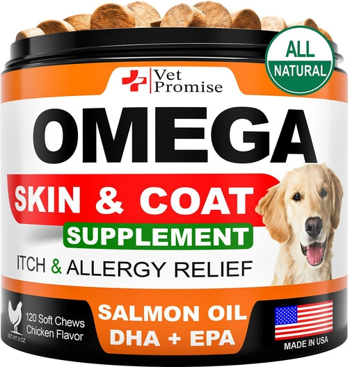 Omega skin and coat supplement for dogs with salmon oil, DHA, EPA, and a visible dog on the label.