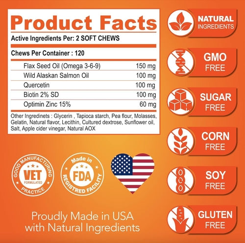 Product facts label with health benefits and ingredient information on an orange background