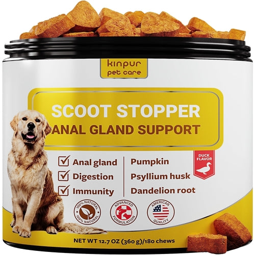 Kipur Pet Care Scoot Stopper Anal Gland Support product with a dog on the label