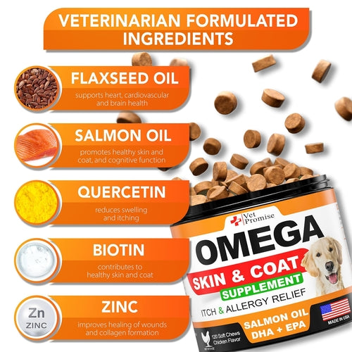 Omega skin and coat supplement for dogs with ingredients listed on a white background
