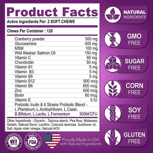 Product facts label for a dietary supplement with purple background and white text.