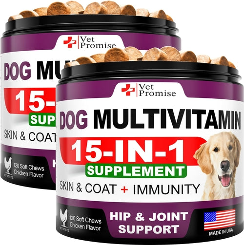 Two containers of Vet Promise Dog Multivitamin supplement on a white background