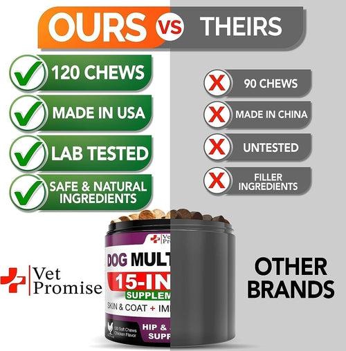 Comparison chart between Vet Promise and other brands' pet supplements, highlighting Vet Promise's features.